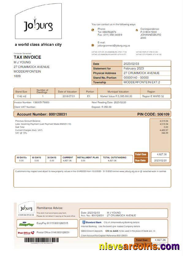 SOUTH AFRICA JOBURG utility bill